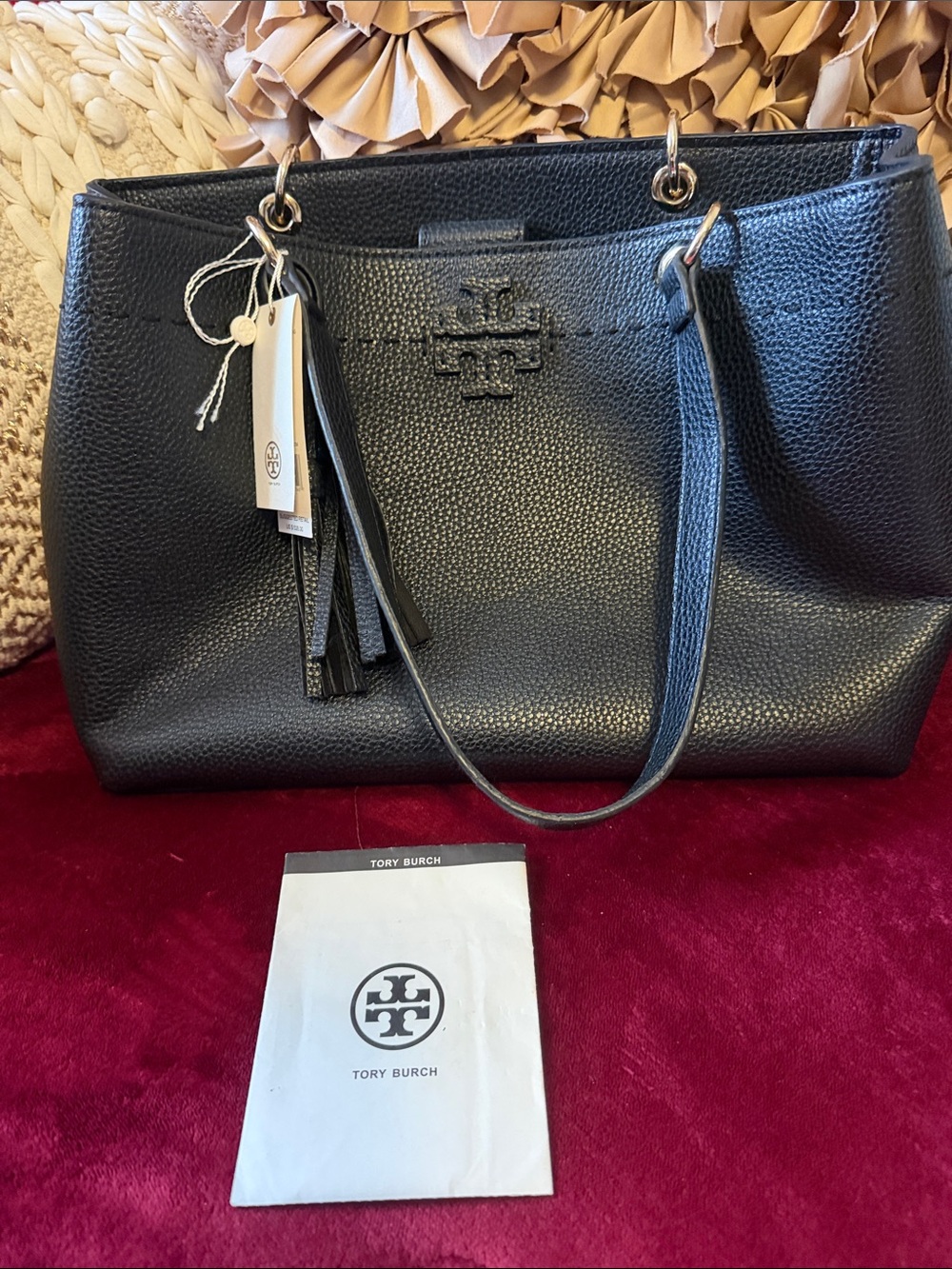 Tory Burch Black Pebbled Leather Tote with Tassel Charm NWT
